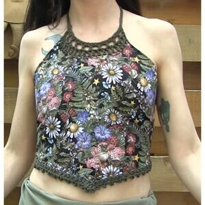 Floral Halter Top w/ Crochet Details- Handmade Cottagecore Summer Top